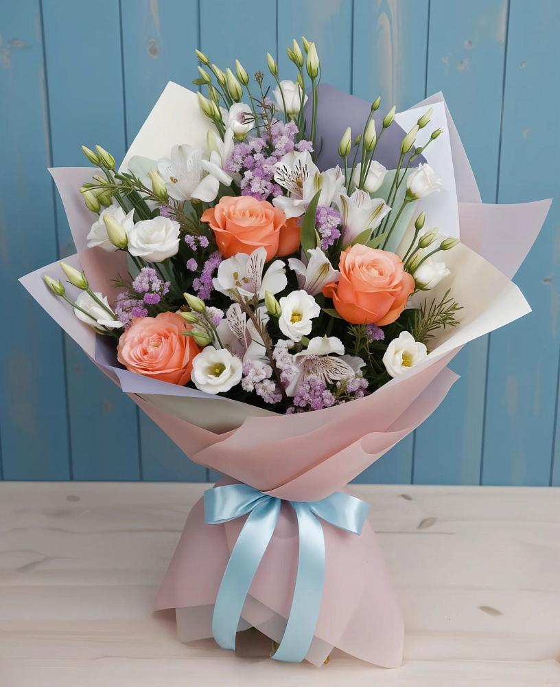 Букет цветов из: Лизиантусы, Розы, Альстромерии и Гипсофила в Воргашоре